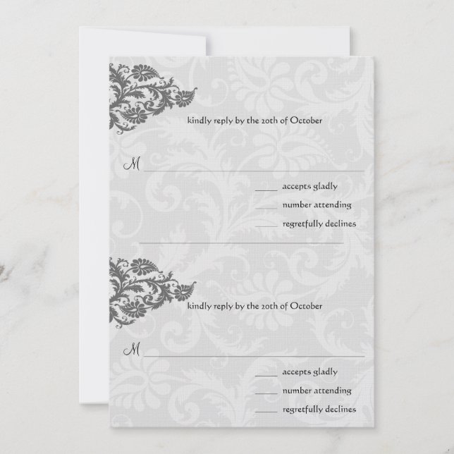Noir Damask Plum Hearts RSVP Faire-part de mariage (Devant)