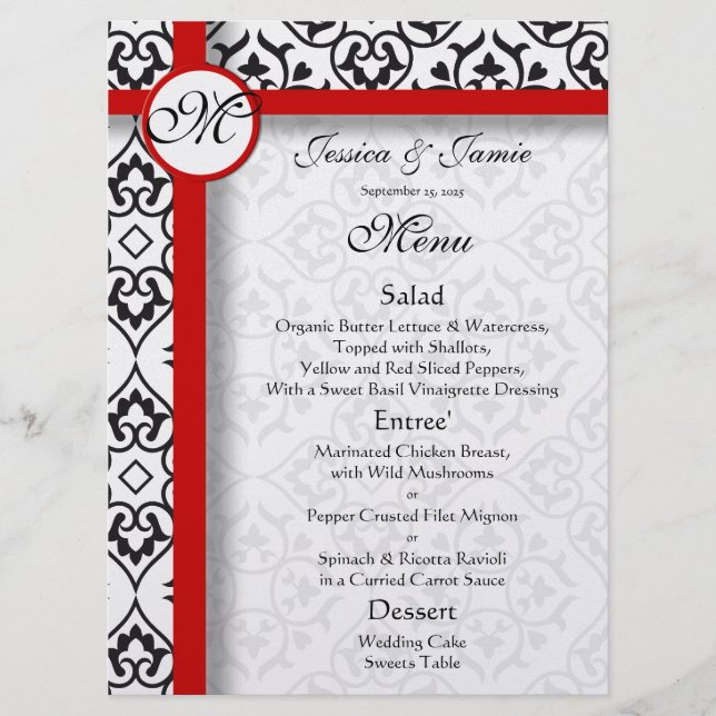 Noir Damask Side Borders Red Trim Mariage Menu (Devant)