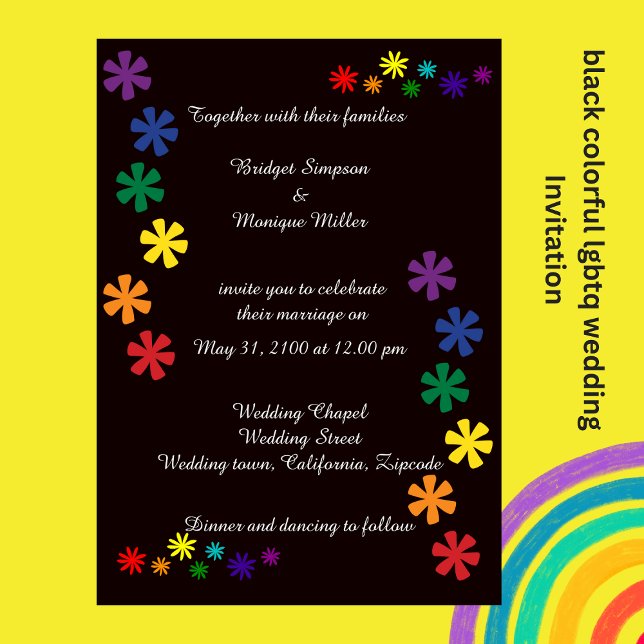 noir élégant lgbtq fleur amour Faire-part de maria (black colorful lgbtq  wedding Invitation by wedding Hobinishop)