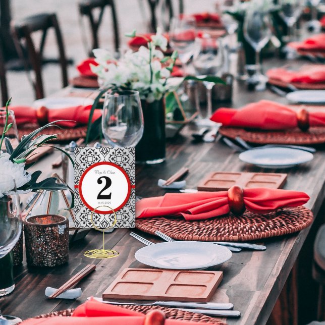 Noir et Argent Damask Red Trim Numéro de table (Créateur téléchargé)