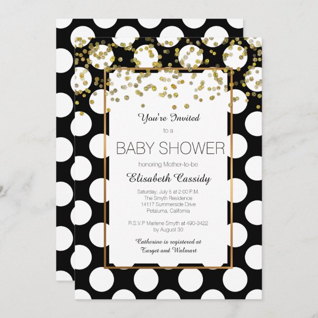 Noir et blanc, Baby shower d'or Invitation (Devant / Derrière)