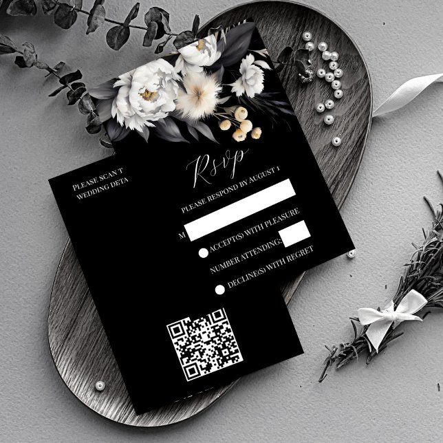 Noir et blanc boho mariage rsvp (Black and white boho wedding rsvp card noir wedding invitation suite black rsvp card white peonies)