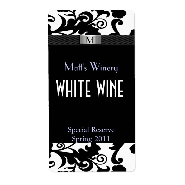 Noir et blanc Damas Monogramme Marque Étiquettes (Devant)