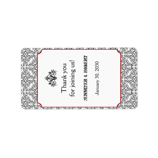 Noir et blanc Damas Rouge Mariage Étiquette de lèv (Devant)