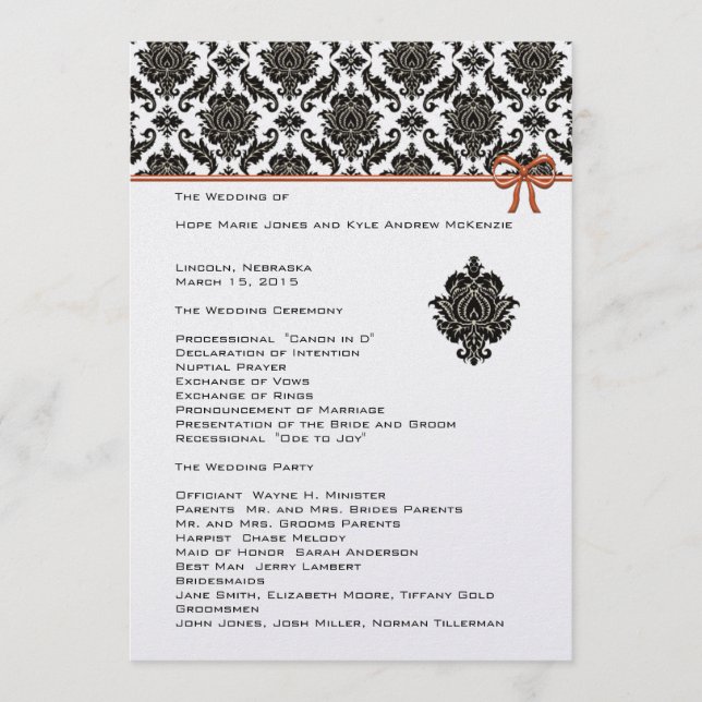 Noir et blanc Damask Pink Trim Wedding Programme (Devant)