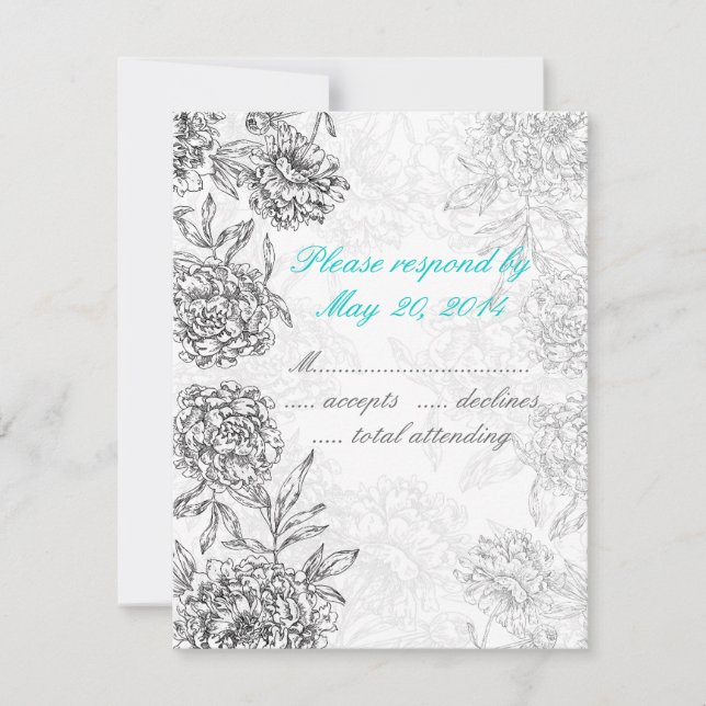 Noir et blanc Floral Mariage RSVP Card Aqua Blue (Devant)
