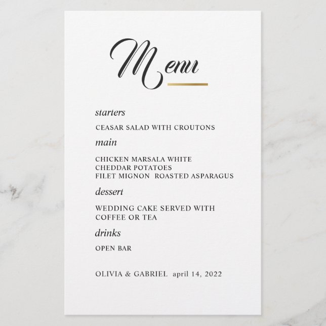 Noir et blanc. Menu mariage de typographie élégant (Devant)