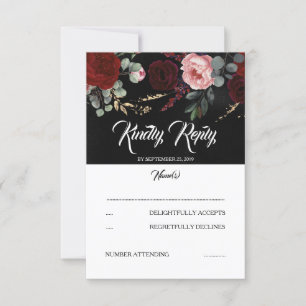 Noir et Bourgogne Rouge Mariage Floral RSVP