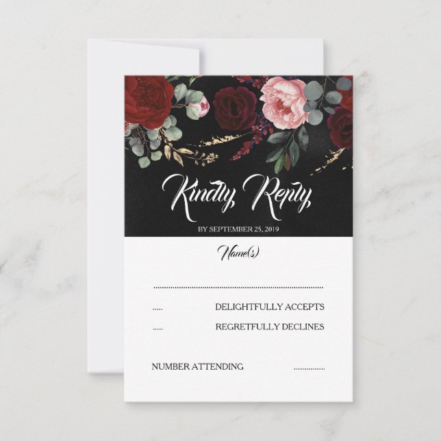 Noir et Bourgogne Rouge Mariage Floral RSVP (Devant)