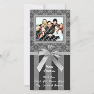 Noir Et Gris Damask Carte photo De Ruban En Argent