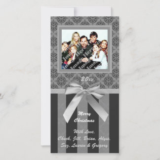 Noir Et Gris Damask Carte photo De Ruban En Argent