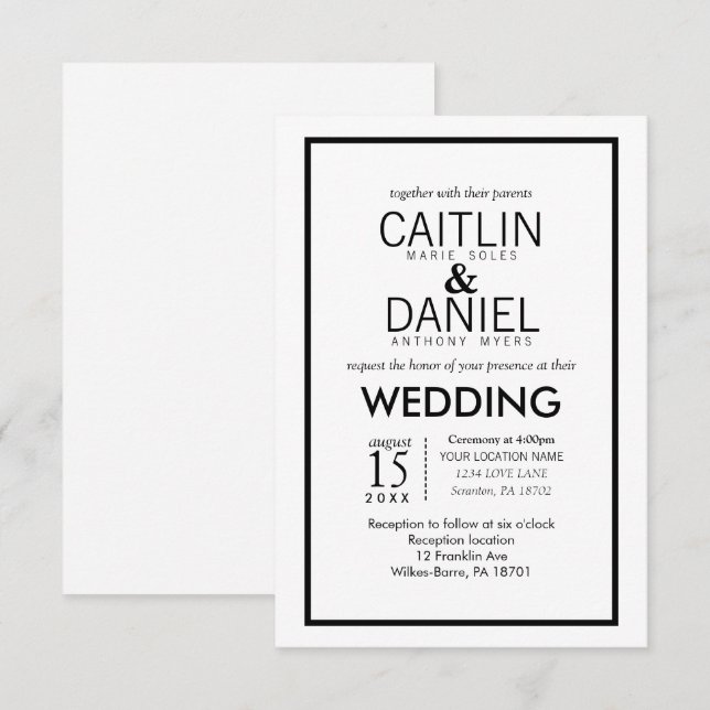 Noir et noir Simple Border Wedding Invitation (Devant / Derrière)