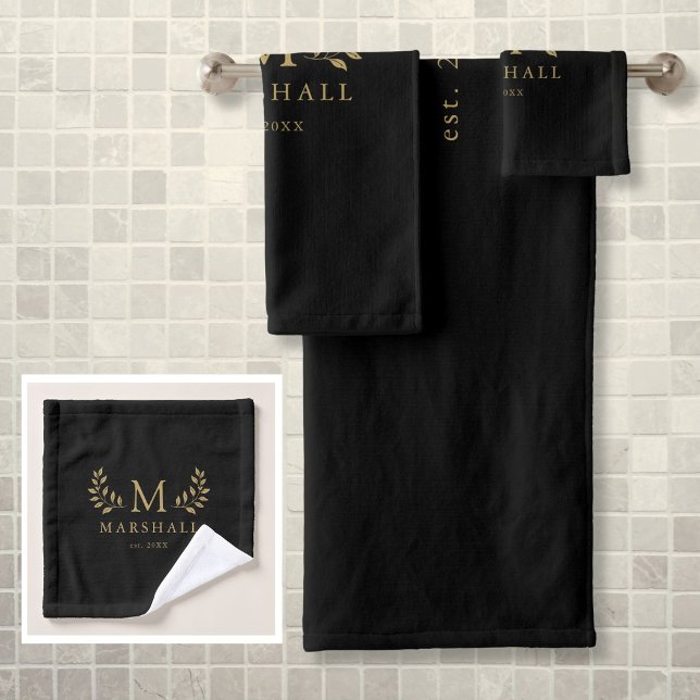 Noir Et Or Moderne Élégant Monogramme Floral Nom (Black And Gold Modern Elegant Floral Monogram Name Bath Towel Set)