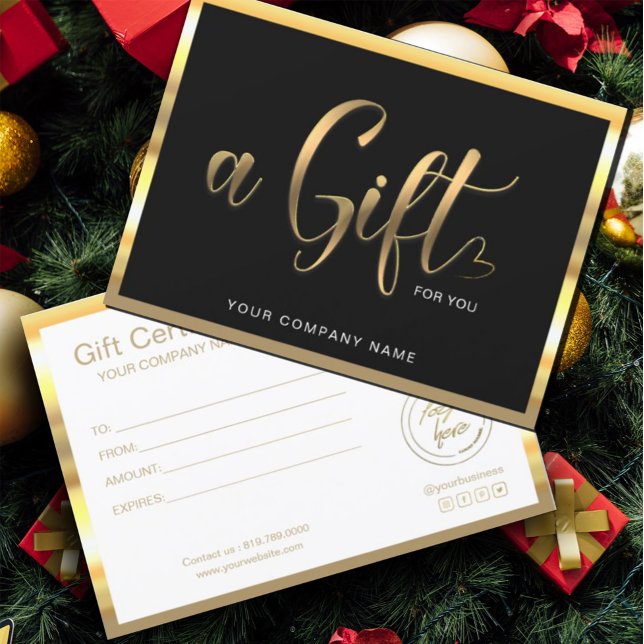 Noir Et Or Modernes | Certificat cadeau logo (elegant gift certificate features a dark black background, with gold handwritten script typography.)