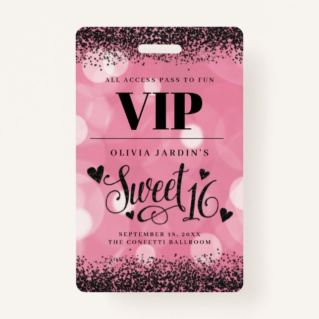 Noir et rose Glam Sweet 16 Badge (Devant)