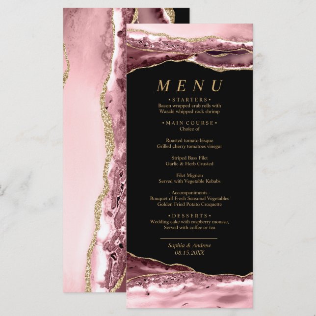 Noir et Rose Gold Calligraphie Mariage Menu (Devant / Derrière)