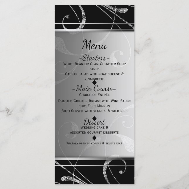 Noir & Faux Argent Floral Swirl Elégant Menu (Devant)
