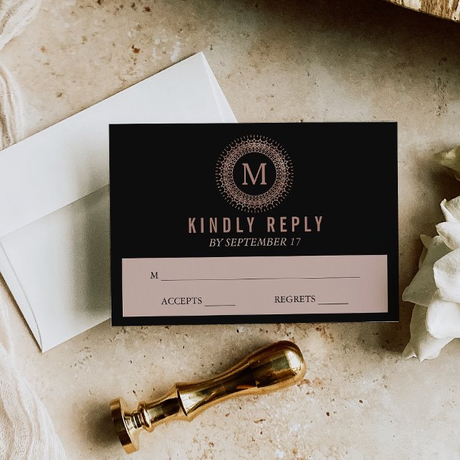 Noir & Faux Rose Gold Déco Monogramme Mariage RSVP (Créateur téléchargé)