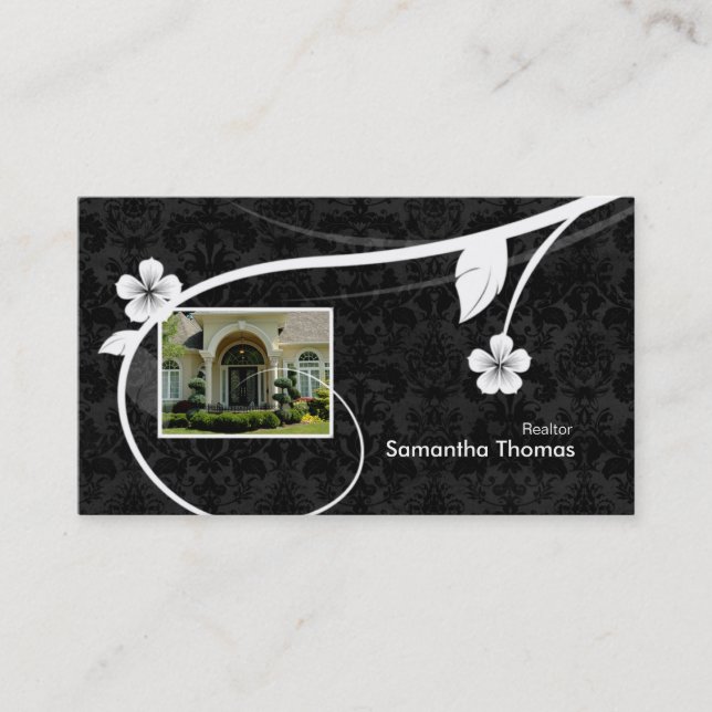Noir floral de carte de visite de damassé de (Devant)