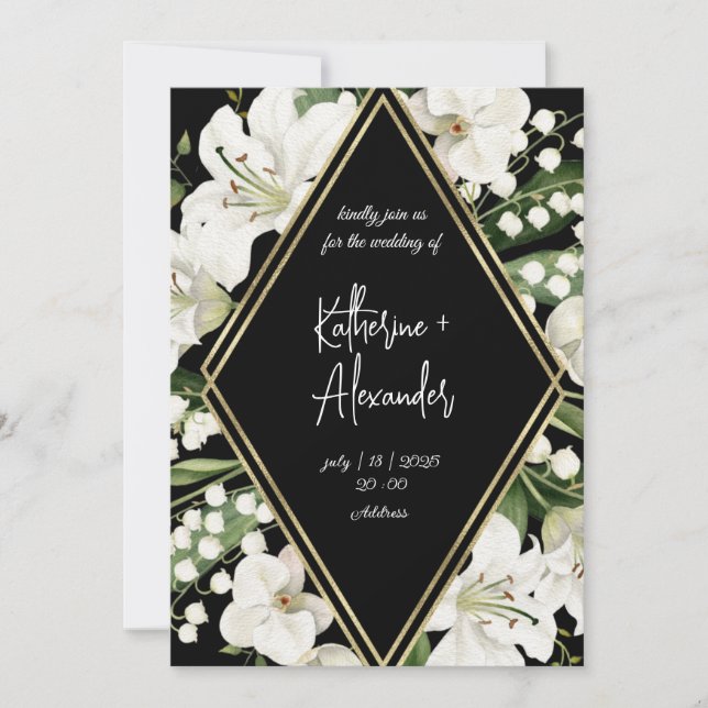 Noir floral mariage Lily Invitation classiques (Devant)