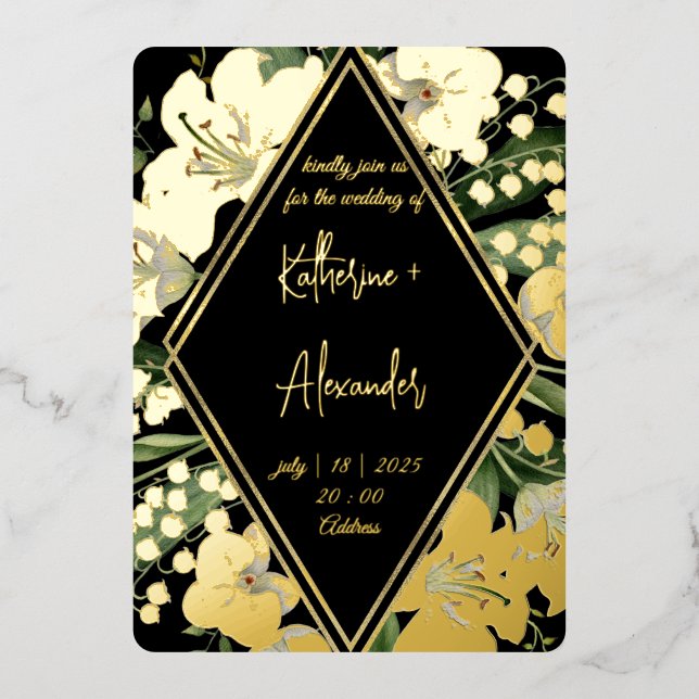 Noir floral mariage Lily Invitation classiques Or (Recto)