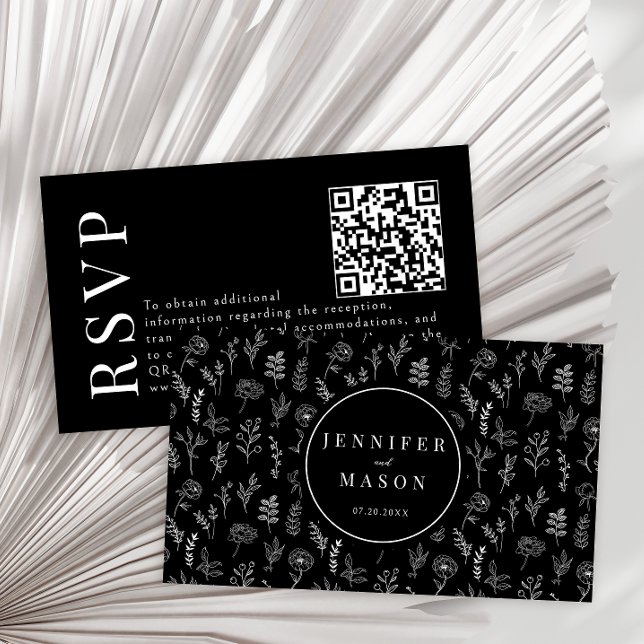 Noir floral moderne mariage RSVP QR cartes de code (Créateur téléchargé)