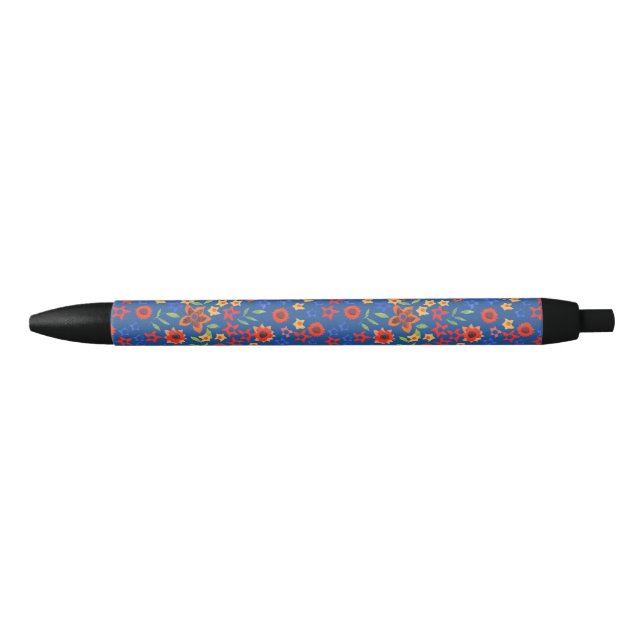 Noir Flore rétro chic imprimé sur stylo bleu (Devant)