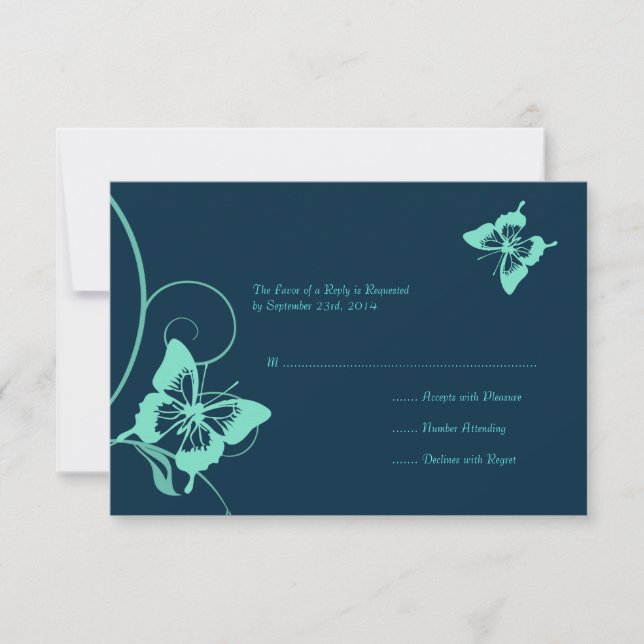 Noir foncé et Turquoise mariage papillon RSVP (Devant)