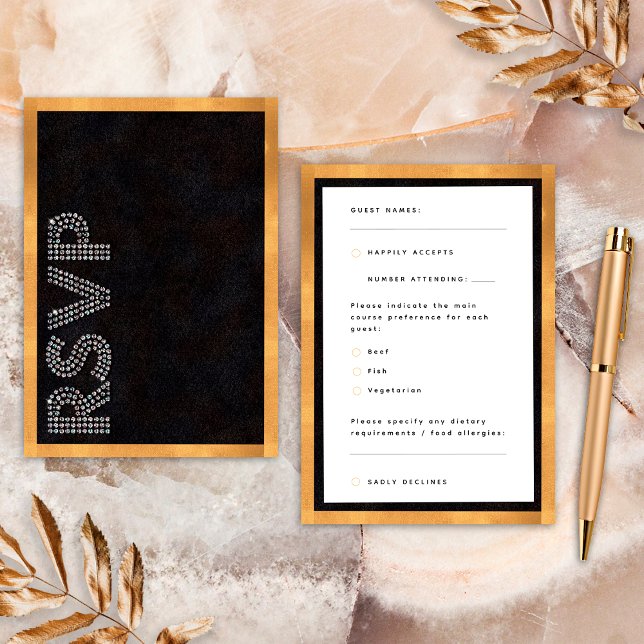 Noir Gold Luxueux Mariage RSVP Allergies alimentai (Front / Back)