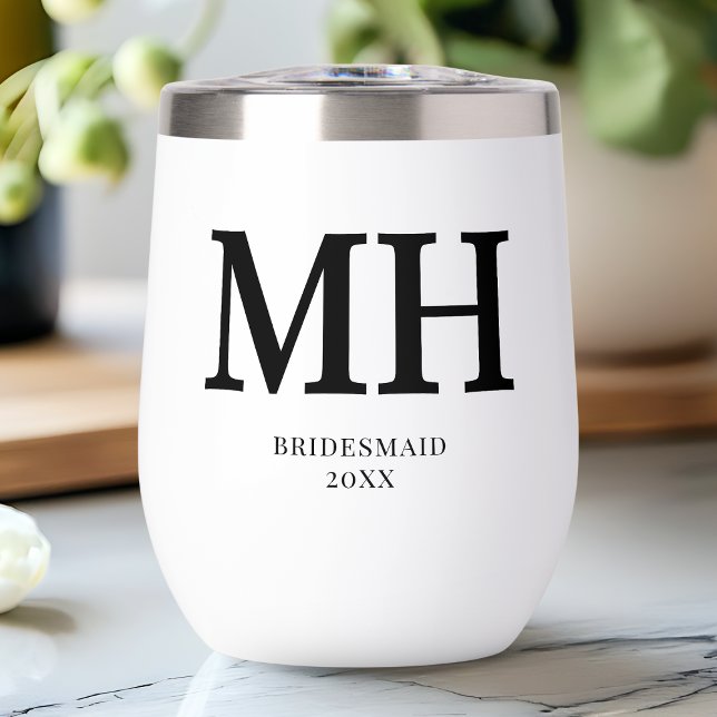 Noir Moderne Monogramme Chic Bachelorette Bridesma (Black Modern Monogram Chic Bachelorette Bridesmaid Thermal Wine Tumbler)