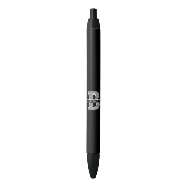 Noir Monogramme personnalisé Silver Initial B Nom Stylo (devant Vertical)
