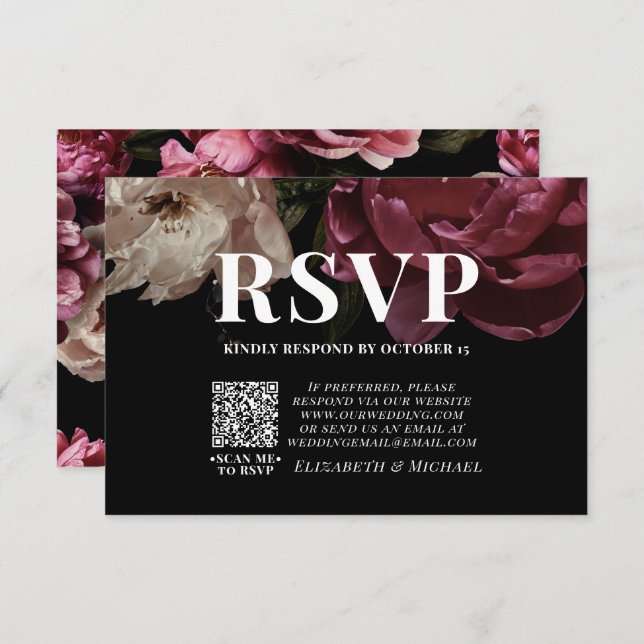Noir Moody Blush Bourgogne QR Code Mariage RSVP (Devant / Derrière)