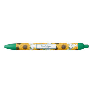Noir Motif d'aquarelle de tournesol Stylo personnalisé