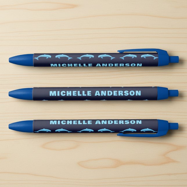 Noir Nom personnalisé avec stylo dauphins (Custom name pen for dolphin lovers.)