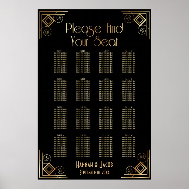 Noir & Or Art Déco 16 Tables Tableau de siège (Devant)