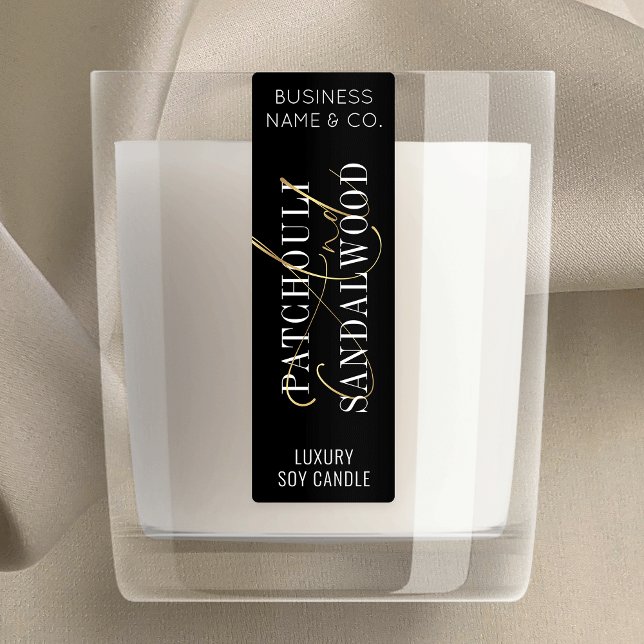 Noir & Or Chic Chandle Jar Mince Étiquette vertica (This tamper-proof skinny product label is great to use on jars, boxes, pouches and more)