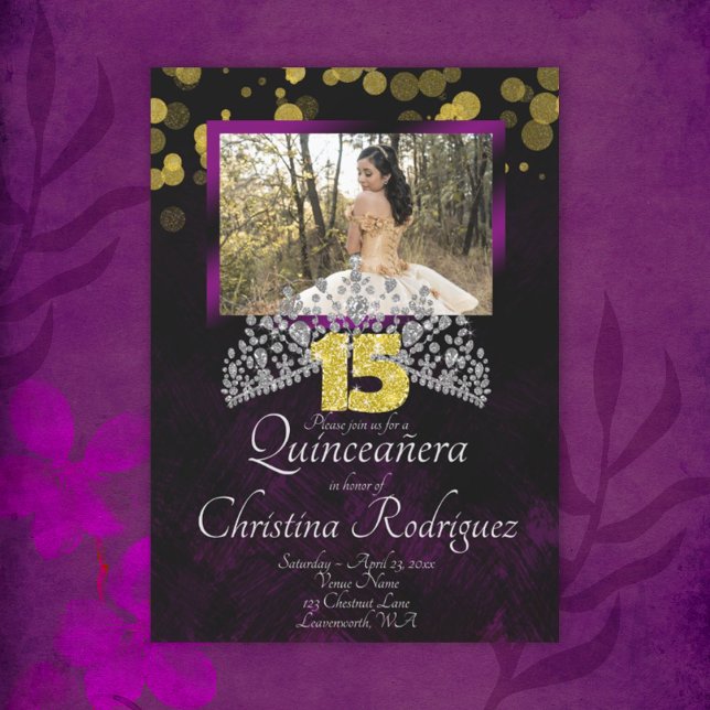 Noir, Or, Violet Quinceanera Tiara Invitation (violet black and gold quinceanera invitation with photo and diamond tiara)