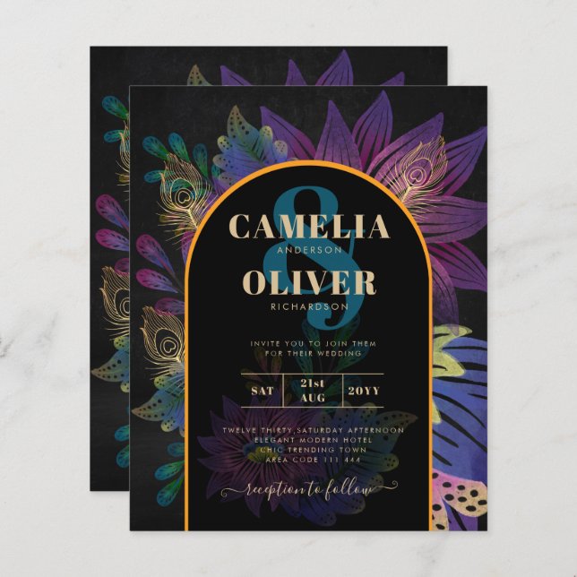 Noir Peacock Jewel Tones Floral Mariage (Devant / Derrière)