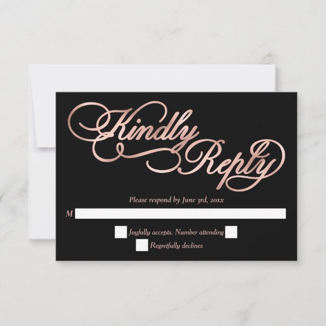 Noir & Rose Gold Calligraphie Mariage formel RSVP (Devant)