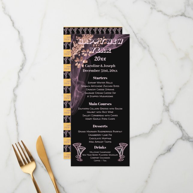 Noir Rose Or Nouvel An Menu & Champagne Lunettes (Devant/Arrière en situation)