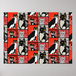 Noir Rouge Blanc Abstrait Art Chats Poster Découpa
