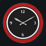 Noir rouge et blanc minimaliste grande horloge<br><div class="desc">L'horloge moderne présente un design minimaliste dans une palette de couleurs rouge, noir et blanc. Un design simple et simple avec des chiffres blancs sur un arrière - plan noir avec une bordure rouge. Un ajout moderne et élégant à votre cuisine, salon ou mur de bureau, un cadeau de bureau...</div>