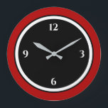Noir rouge et blanc minimaliste grande horloge<br><div class="desc">L'horloge moderne présente un design minimaliste dans une palette de couleurs rouge, noir et blanc. Un design simple et simple avec des chiffres blancs sur un arrière - plan noir avec une bordure rouge. Un ajout moderne et élégant à votre cuisine, salon ou mur de bureau, un cadeau de bureau...</div>