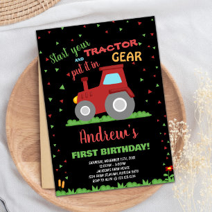 NOIR ROUGE Vert Grass Tracteur Invitations Anniver