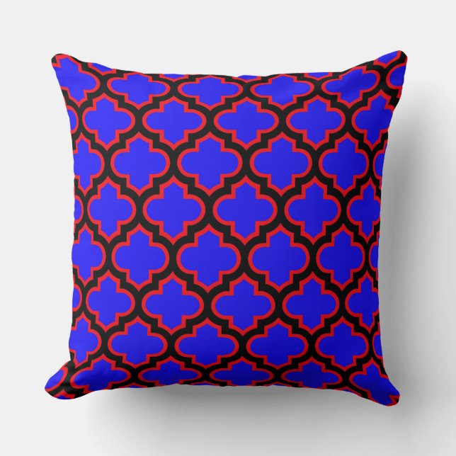 Noir Royal Bleu Rouge Quatrefoil Trellis Coussin (Recto)