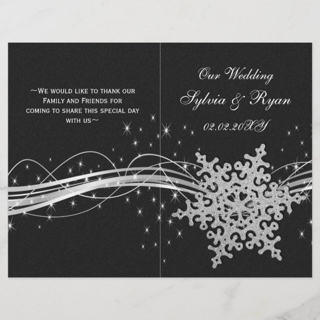 noir Silver Snowflakes programmes de mariage pliés (Devant)