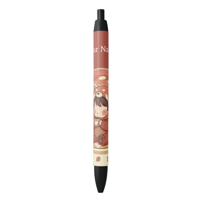 Noir Stylo à encre personnalisé avec un panda roux chib (devant Vertical)