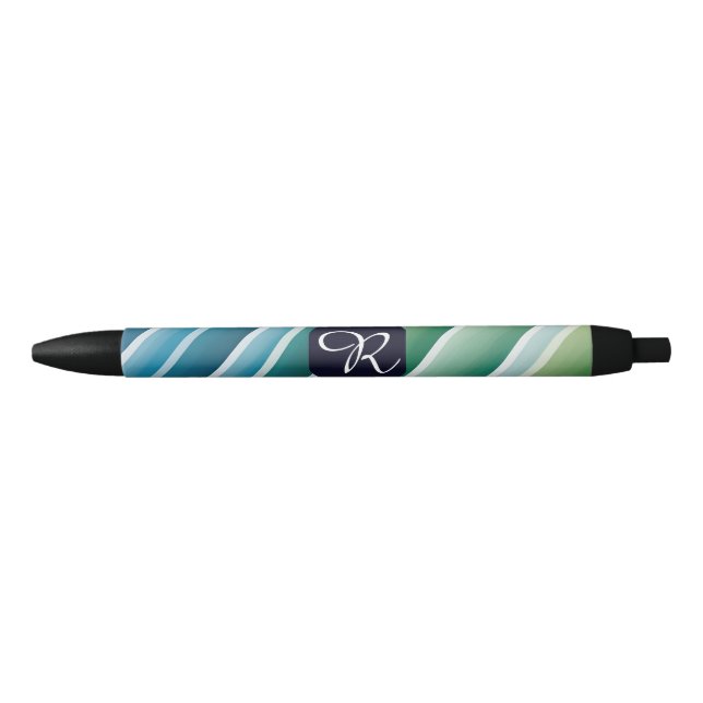 Noir Stylo Abstrait Monogramme Personnalisé Bleu Vert (Devant)