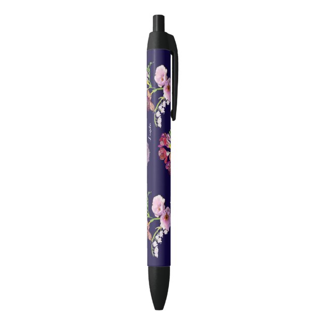 Noir Stylo Bleu Floral avec Nom (Bas (Vertical))