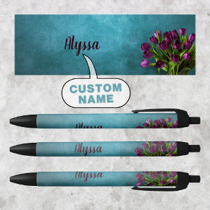Noir Stylo élégant et mignon aux tulipes avec nom perso